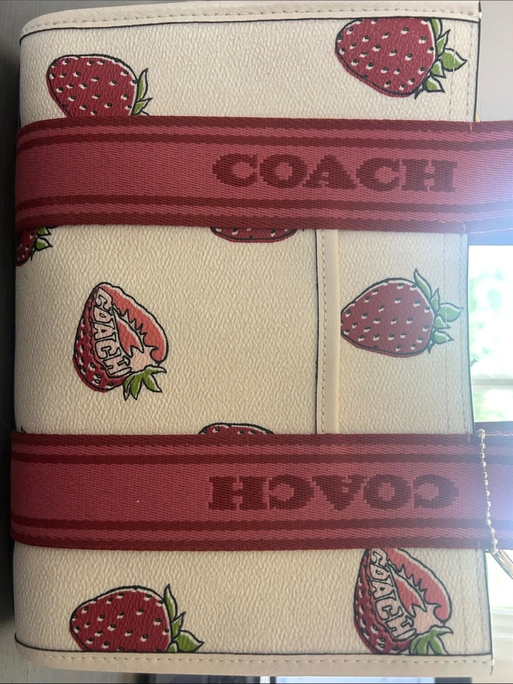 Coach Strawberry Print Canvas Tote with Pink Web Handles
